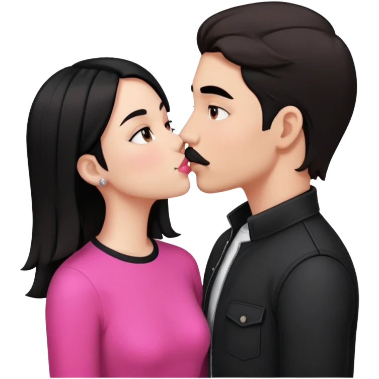 Brunette boy with short hair and black mustache wearing black clothes, kissing white girl with long black hair wearing pink clothes emoji