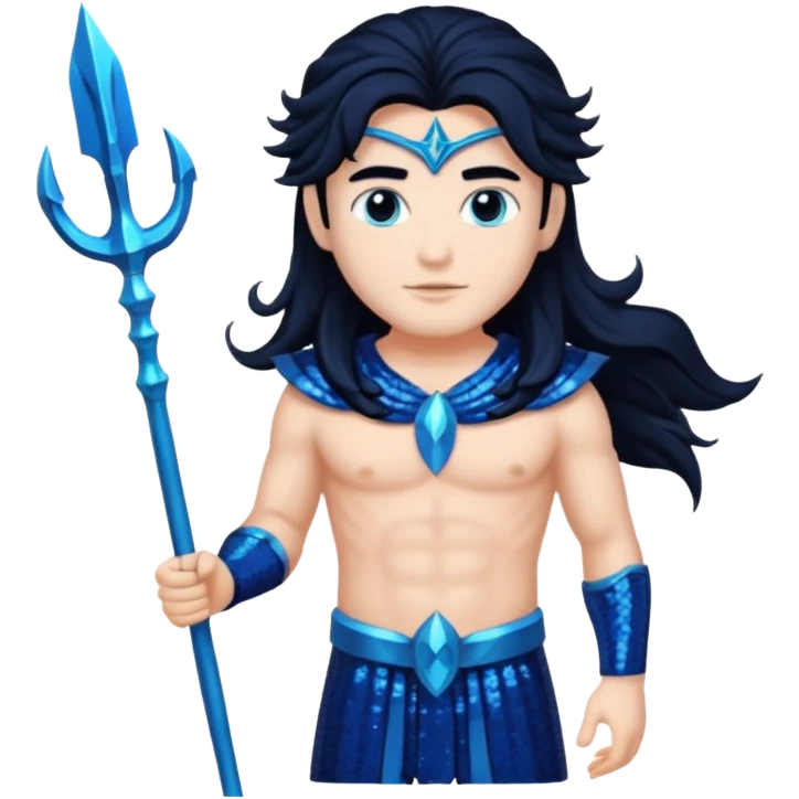 Neptune, God of Sea from Gods and Goddesses with long jet black hair, dark blue sequin outfit emoji