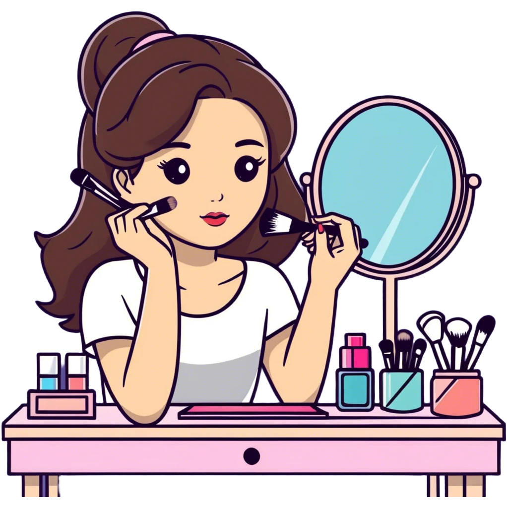 Cool brunette girl putting on makeup at her vanity desk  emoji