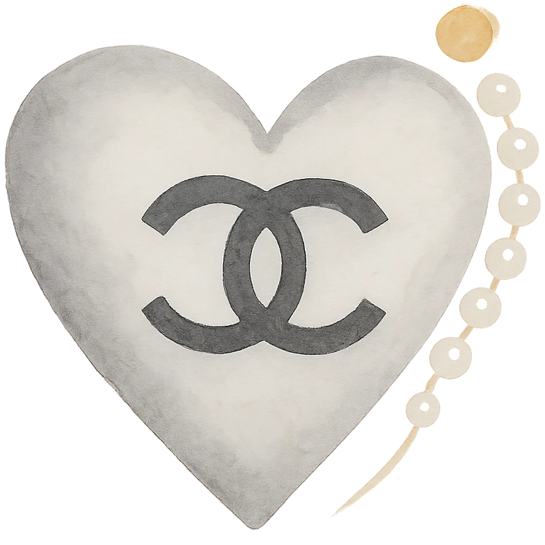 Chanel heart in watercolor art style, soft, black and white, with pearls and gold accents emoji