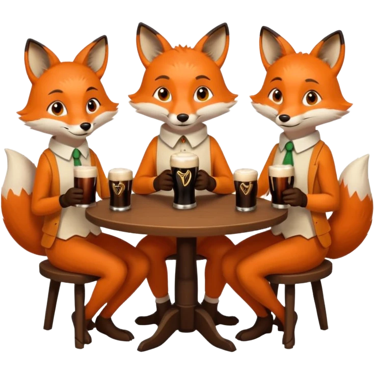 Three foxes sitting at a round table drinking Guinness emoji