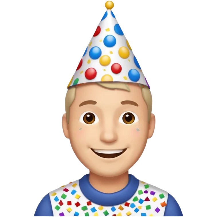 Part planner, man wearing a birthday cap and confetti corns besides him emoji