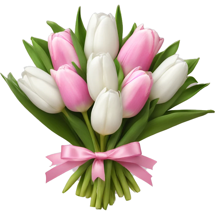 bouquet of white tulips and some pink tulips with a bow around it emoji
