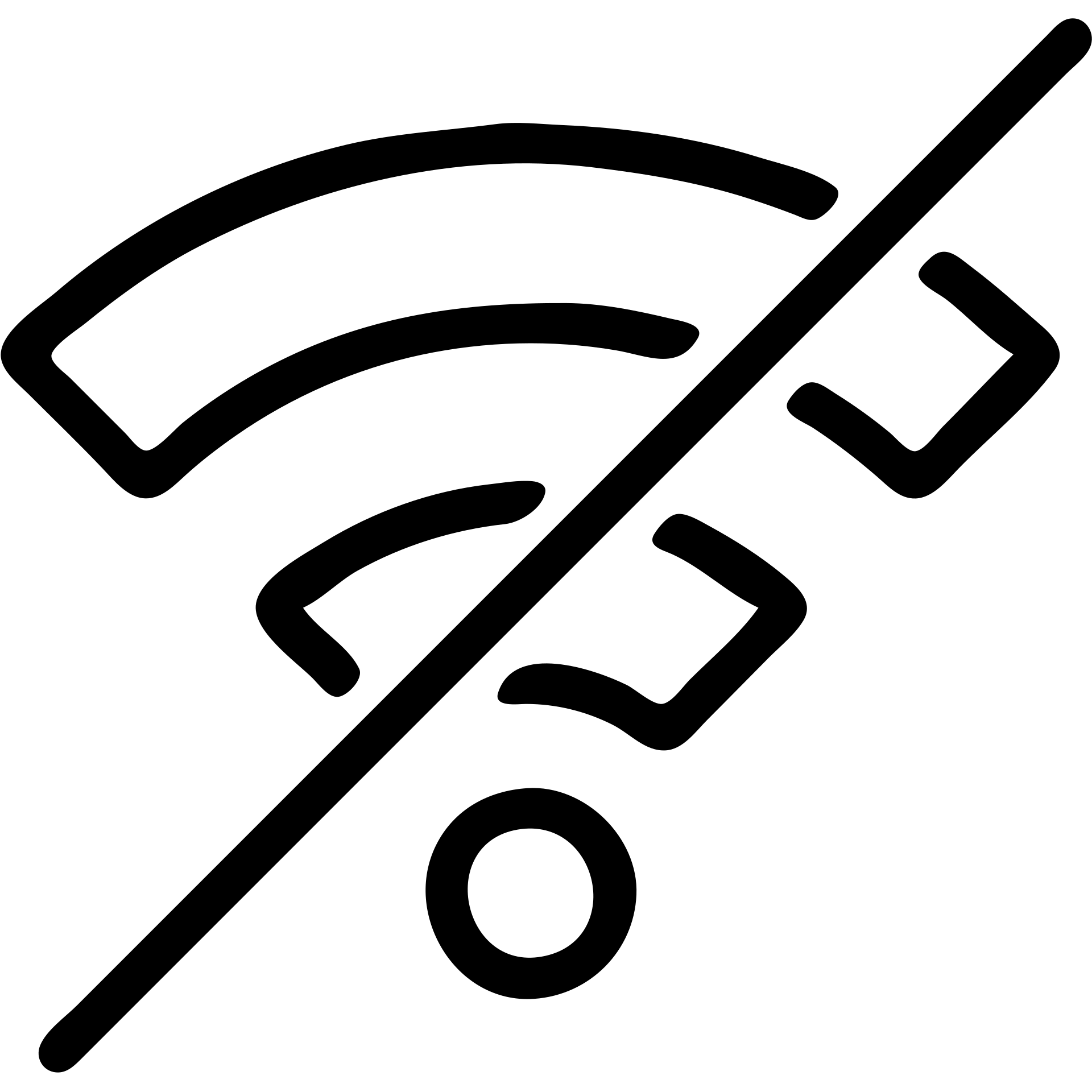 solid black outline icon of a Wi-Fi symbol with a red slash, incomplete bars, minimalist, white background emoji