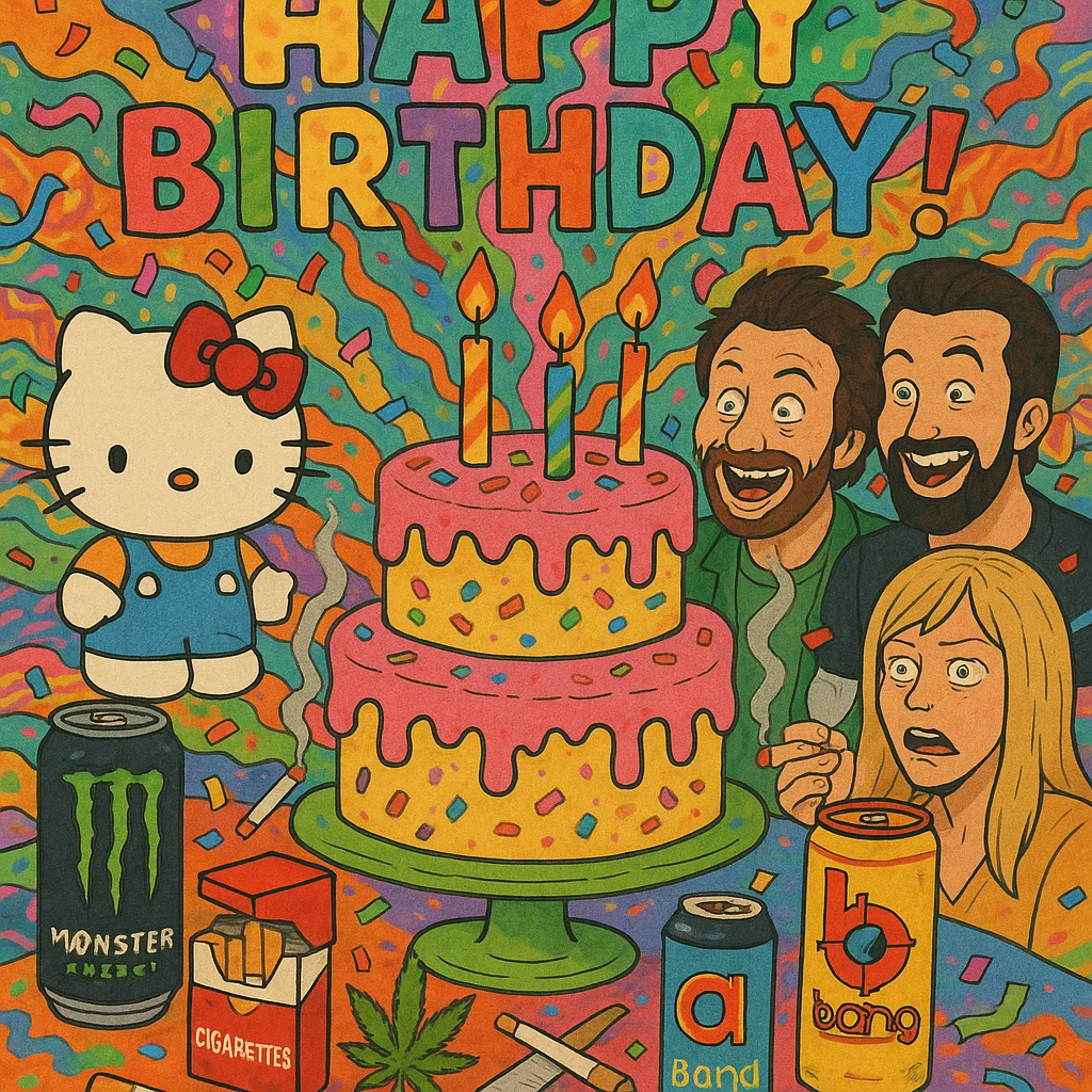 over-the-top birthday card with Hello Kitty, Sunny in Philadelphia characters, energy drinks, cigarettes, marijuana, giant cake, confetti, wild colors and patterns emoji