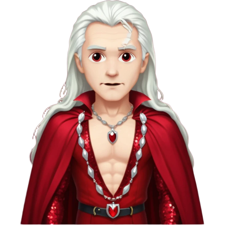 Dracula with long white hair, dark red sequin baggy pants, shirtless with necklace, dark red sequin cape emoji
