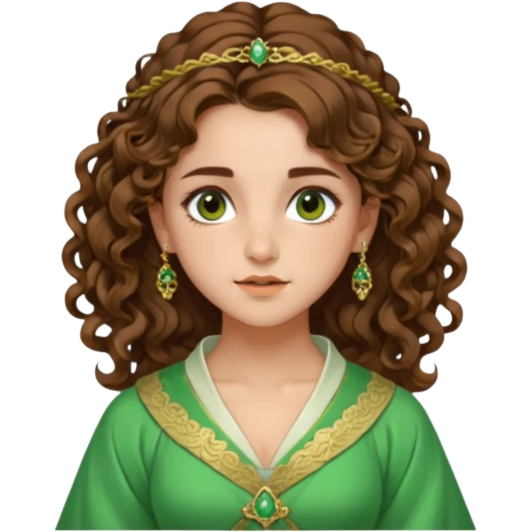very beautiful italian girl, looking a bit like Emma Watson, with curly and big volume very bright brown hair, and a golden piercing ring in nose on left side, dressed in a beautiful sexy hanfu dress of green colors, nose ring emoji