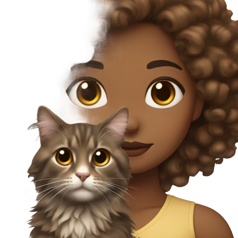 Brown skin girl with curly brown hair and long lashes with fat Norwegian forest cat emoji