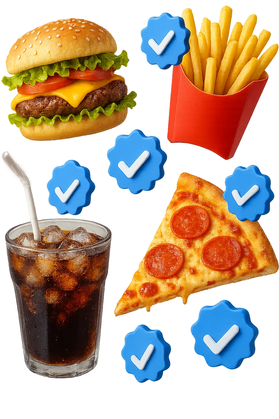 fast food realistico fluttua in aria insieme a spunte di verificato in 3d emoji