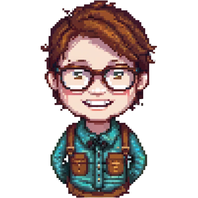 pixel art icon of a nerd with glasses, buck teeth, and a friendly expression emoji