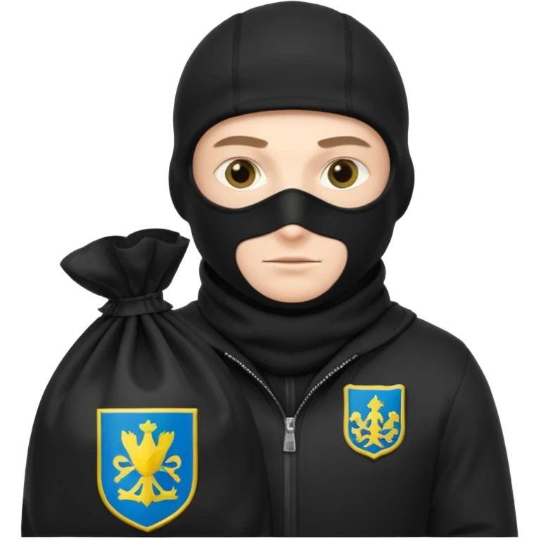 создай белого украинца в черное одежде и черной балаклаве с большим мешком денег с  гербом страны на нем  emoji