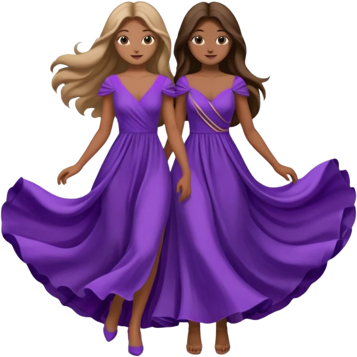A couple in same outfit female with long hair and purple dress emoji
