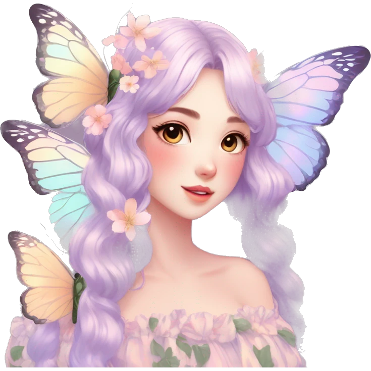 Gorgeous Shiny Pastel Anime-Style Lady Butterflies flower petals leaves cottage core pastelcore kawaii aesthetic trending style emoji