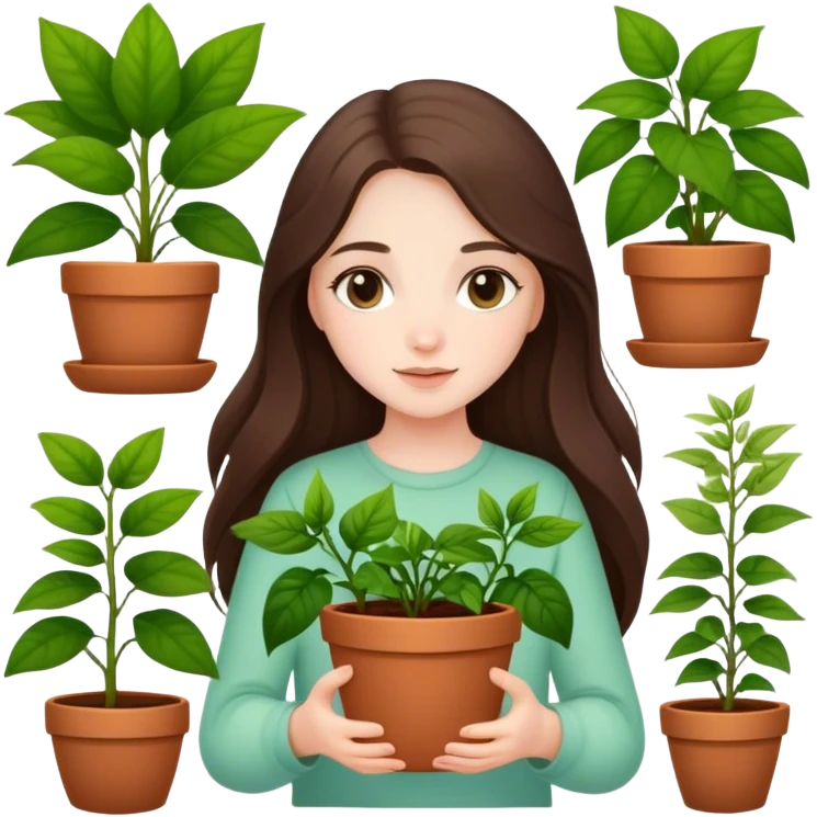 beautiful pale brunette girl with long hair holding plants in the pots emoji