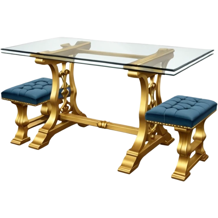 A glass topped rectangular trestle table with 2 side benches and 2 thrones at the ends emoji