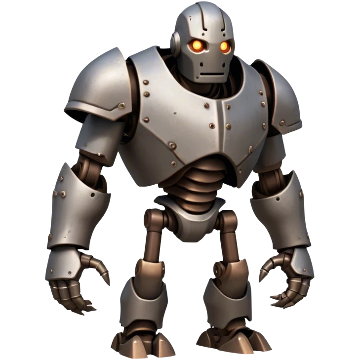 Cinematic Fierce Mighty Iron Golem Portrait Emoji Depicted mid-action in a dynamic, battle-ready stance, massive fists clenched, the ancient metallic plates along its form shifting with raw power. Its eyes blaze like molten fire within a carved, rune-etched face, exuding both divine purpose and mechanical precision. Weathered steel and dark bronze tones are accented by glowing, arcane inscriptions, each detail meticulously crafted with lifelike metallic reflections. High shine, imposing yet regal, styled with an air of indestructible might, soft glowing outline, capturing the essence of an unstoppable colossus that looks ready to charge forth with a thunderous step! emoji