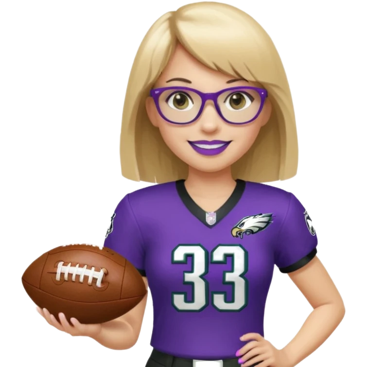 full length women wearing eagles uniform, medium blonde hair, straight across bangs, black glasses, holding football, number 33, smiling, purple lipstick emoji