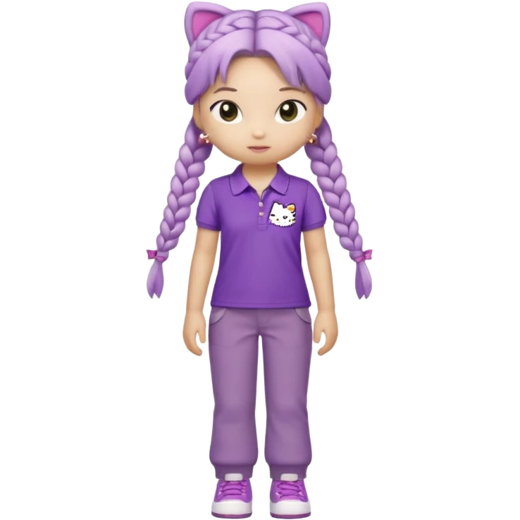 hello kitty wearing purple polo shirt and kyaki pants with long fishtail braids baddie with 2025 efect emoji