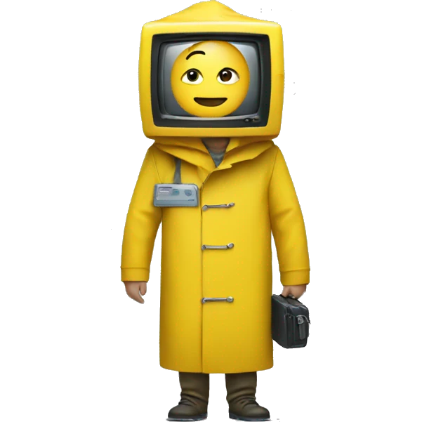 Man in yellow raincoat with a tv head emoji