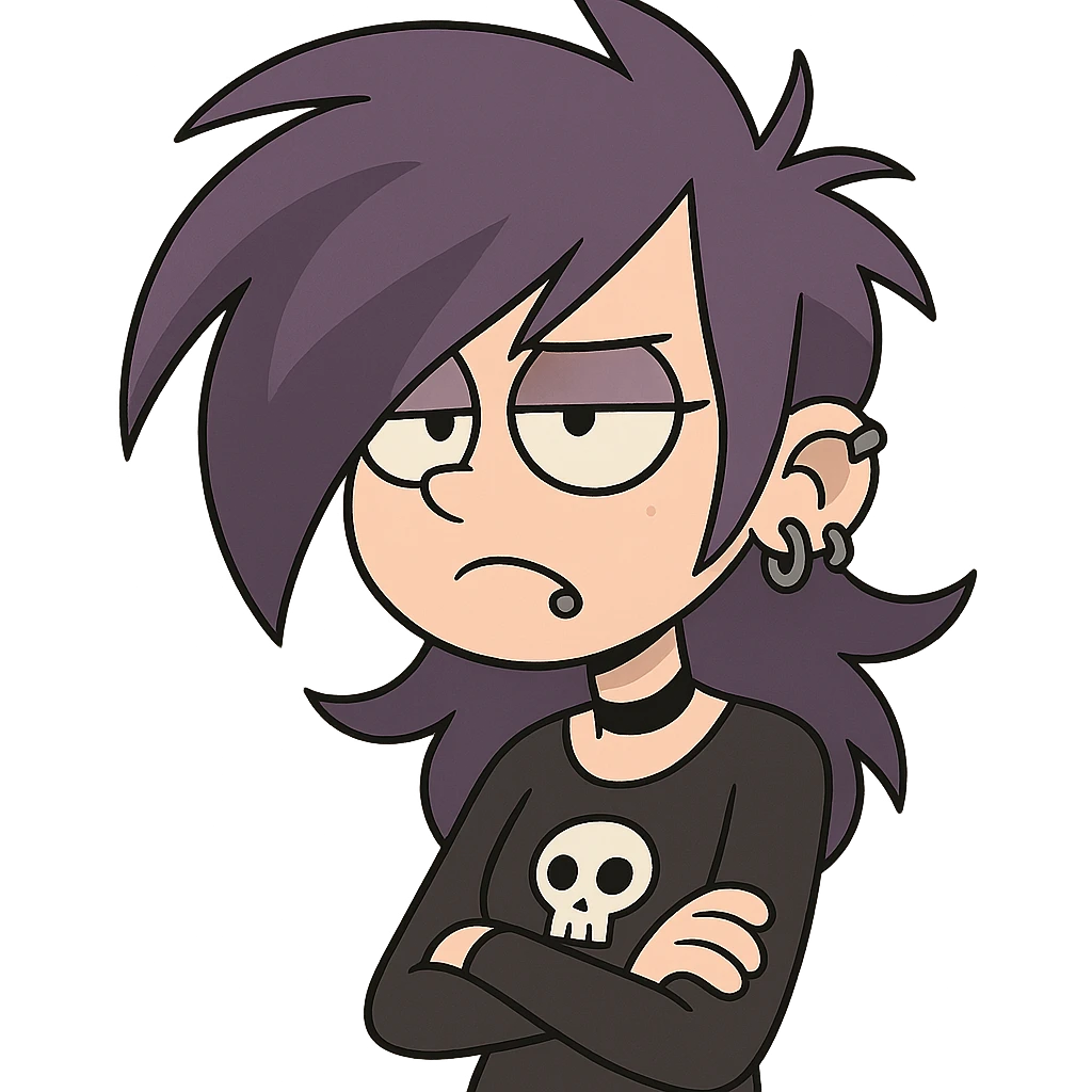 purple haired emo character, cartoon style, dramatic hair, piercings emoji
