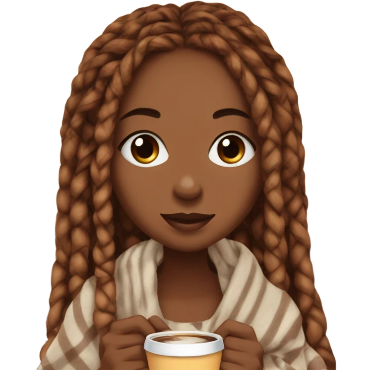 Box braids girl autumn with blanket and coffee emoji