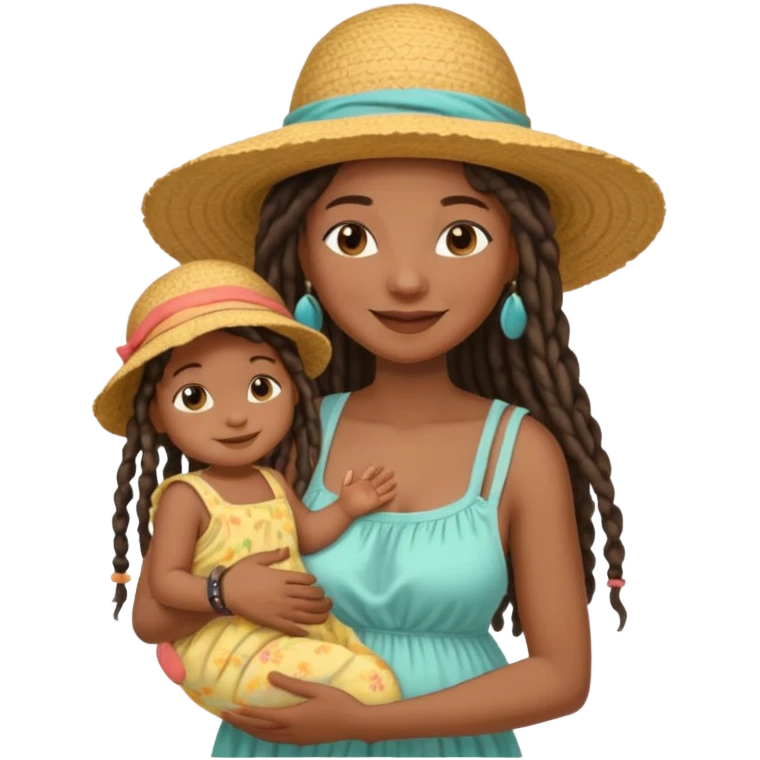 A black mom with long dread lock hair in a sunhat holding her baby gently, wearing a sun-dress while smiling softly. emoji
