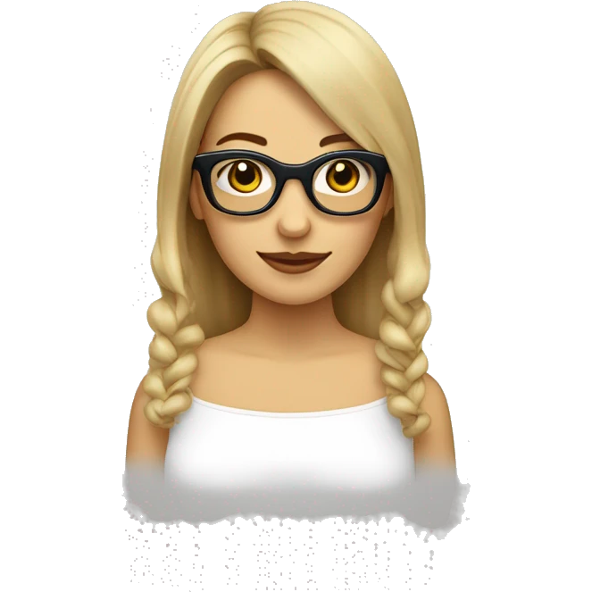 Mujer blanca con gafas, gafas rectangulares, pelo moreno recogido en coleta, emoji