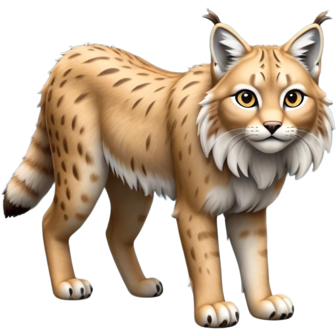 Cinematic-Lynx-Realistic-Full-Body-Standing on all fours-Emoji – head tilted dramatically, fur with faint spotting, long legs and large paws poised elegantly, simplified yet realistic focused features, highly detailed, glowing with an almost sarcastic glow zoomed out showing fluffy shoulders emoji