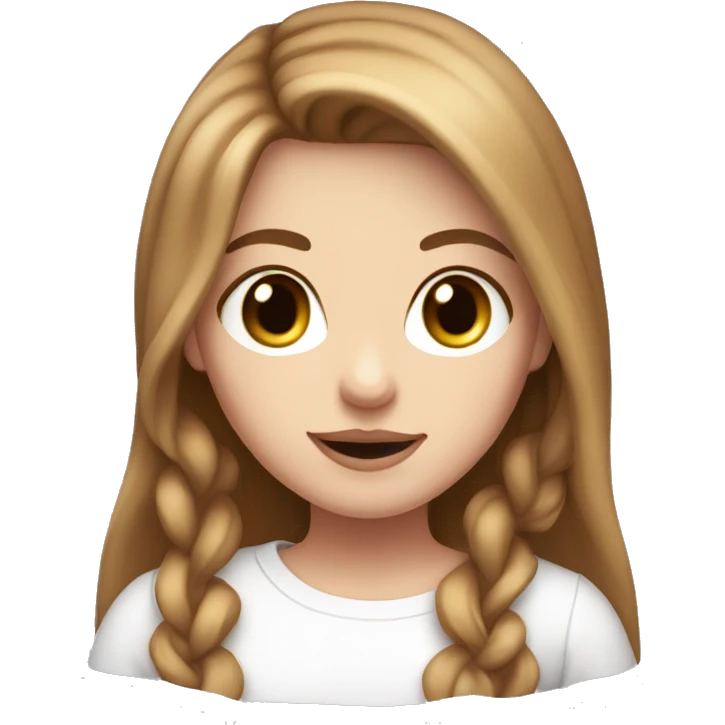 White girl with brown long hair and white top with long sleeve, looks friendly, pink lips  emoji