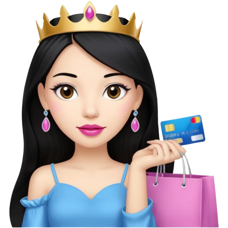 Girl with long black hair and tiara pink lipstick, brown eyes holding shopping bags and blue credit card emoji
