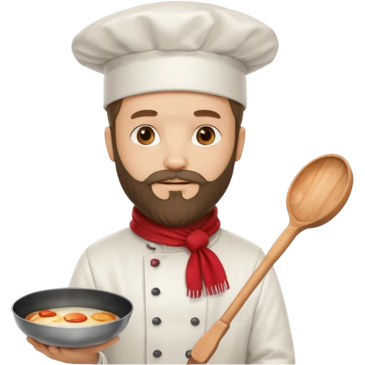 Bearded Chef – wearing tall white hat, red scarf, holding frying pan emoji