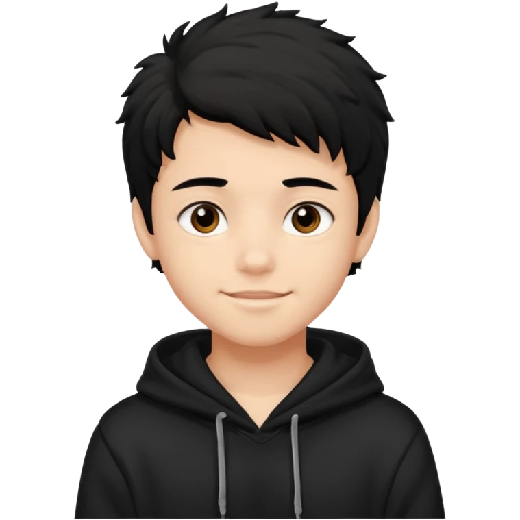Chłopak ciemno brązowe oczy czarne włosy bluza czarna i taki bardziej żeby wyglądał na 18 latka i trochę usmiechniety i fluffy hair emoji