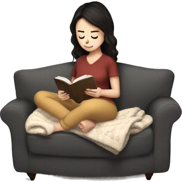 White girl dark hair reading a kindle on a couch with tea and blanket emoji
