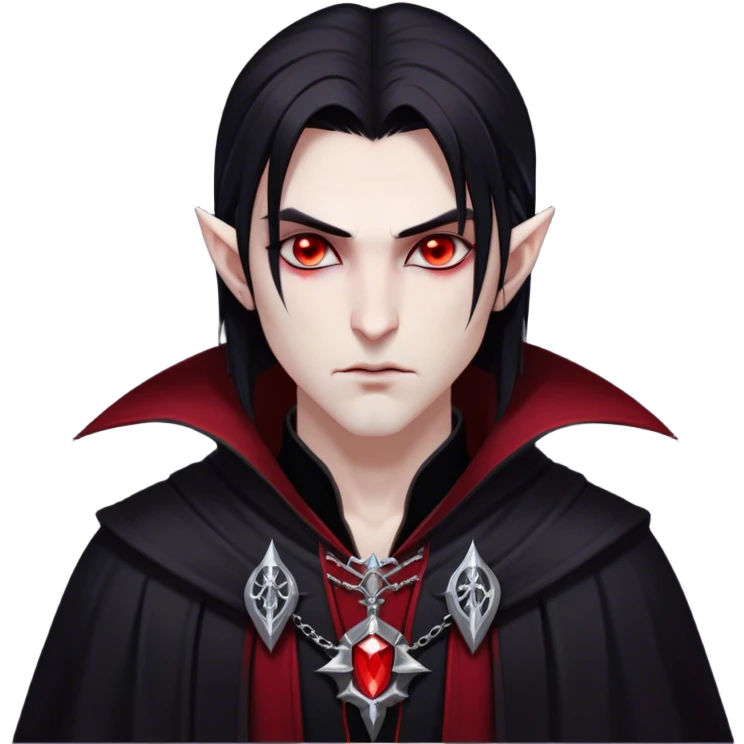 Cinematic Realistic WoW Vampire Mage Portrait, head tilted epicly and inquisitively, showcasing a commanding presence and ancient arcane mastery. His pallid skin and sleek dark hair are set against the intricately detailed black robe—with silver accents and mystical runes—that remains consistent in its shadowed elegance. His piercing crimson eyes blaze with forbidden power, rendered with dramatic, lifelike clarity and high shine, epic and awe-inspiring. emoji