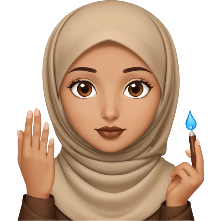 Turkish beautiful finish Konya blonde girl blue eyes with brown beige hijab islamic dress and had on her hand brown lipgloss emoji