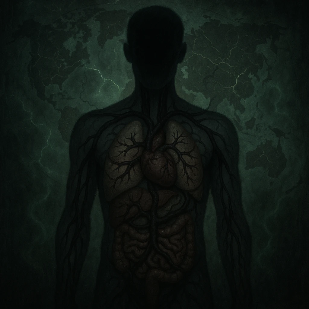 semi-realistic, medical-fantasy; human silhouette with dark worm-like forms spreading from abdomen to all organs, world map background, glowing cracks, green mist, moody and allegorical emoji