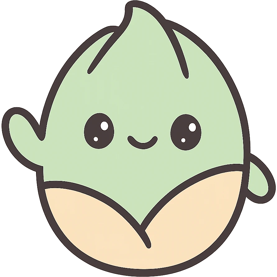 a pistachio character waving, kawaii style, round body, pastel palette, happy expression emoji
