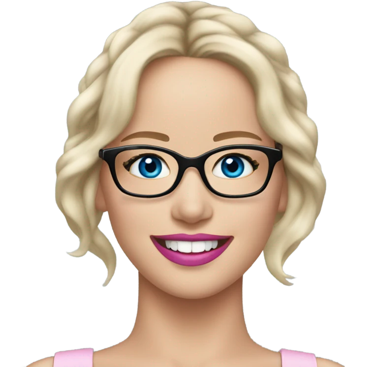 Happy Jennifer Lawrence,  blue eyes wearing glasses and pink lipstick  emoji