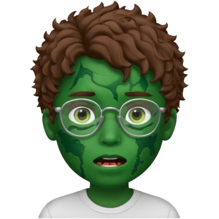 crie a imagem de um garoto com estilo memoji de iOS de pele esverdeada com machucados abertos na boca , cabelos cacheados castanhos e oculos. emoji