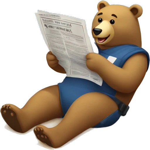 Bear lying on a beach, casually reading a newspaper, surrounded by sand and ocean, with a relaxed and cheerful vibe emoji