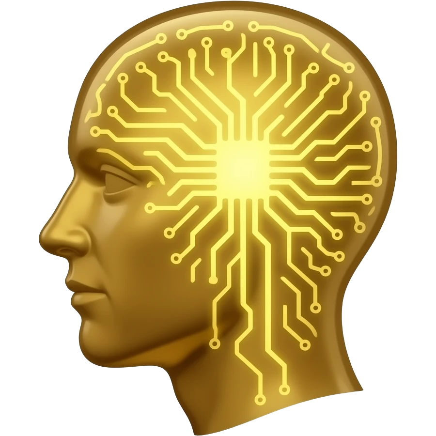 glowing gold human head silhouette with a transparent effect,-filled-with-interconnected-circuit-lines-and-neural-nodes,-symbolizing-artificial-intelligence emoji