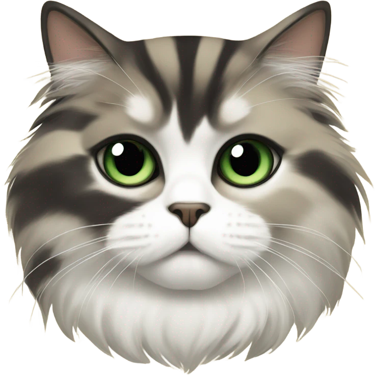 Brown, black stripes, white patches,  Persian cat with green eyes emoji
