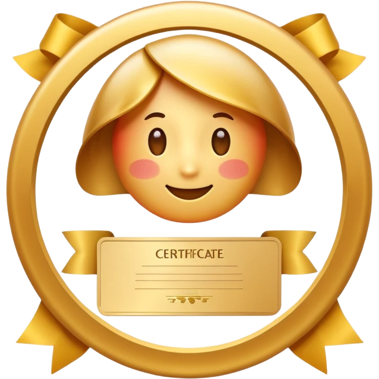 Apple iOS emoji style certificate icon, white document with rounded corners, gold seal and ribbon, soft gradients, glossy 3D emoji look, minimal, clean, centered, transparent background emoji