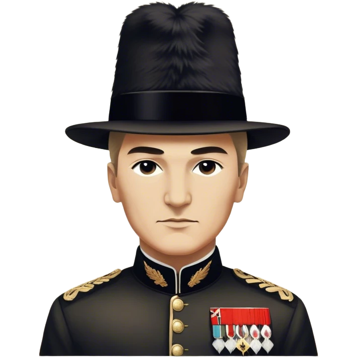 ​Cinematic Realistic Portrait of a Young Mustafa Kemal Atatürk, depicted wearing an iconic tall black fur hat along with traditional attire, his confident, visionary expression illuminated by warm, inspiring lighting, rendered with rich historical textures that capture his youthful dynamism and transformative leadership, emoji