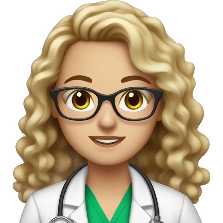 white girl with long brown to blonde balayage curly hair and green eyes with glasses in a lab coat emoji