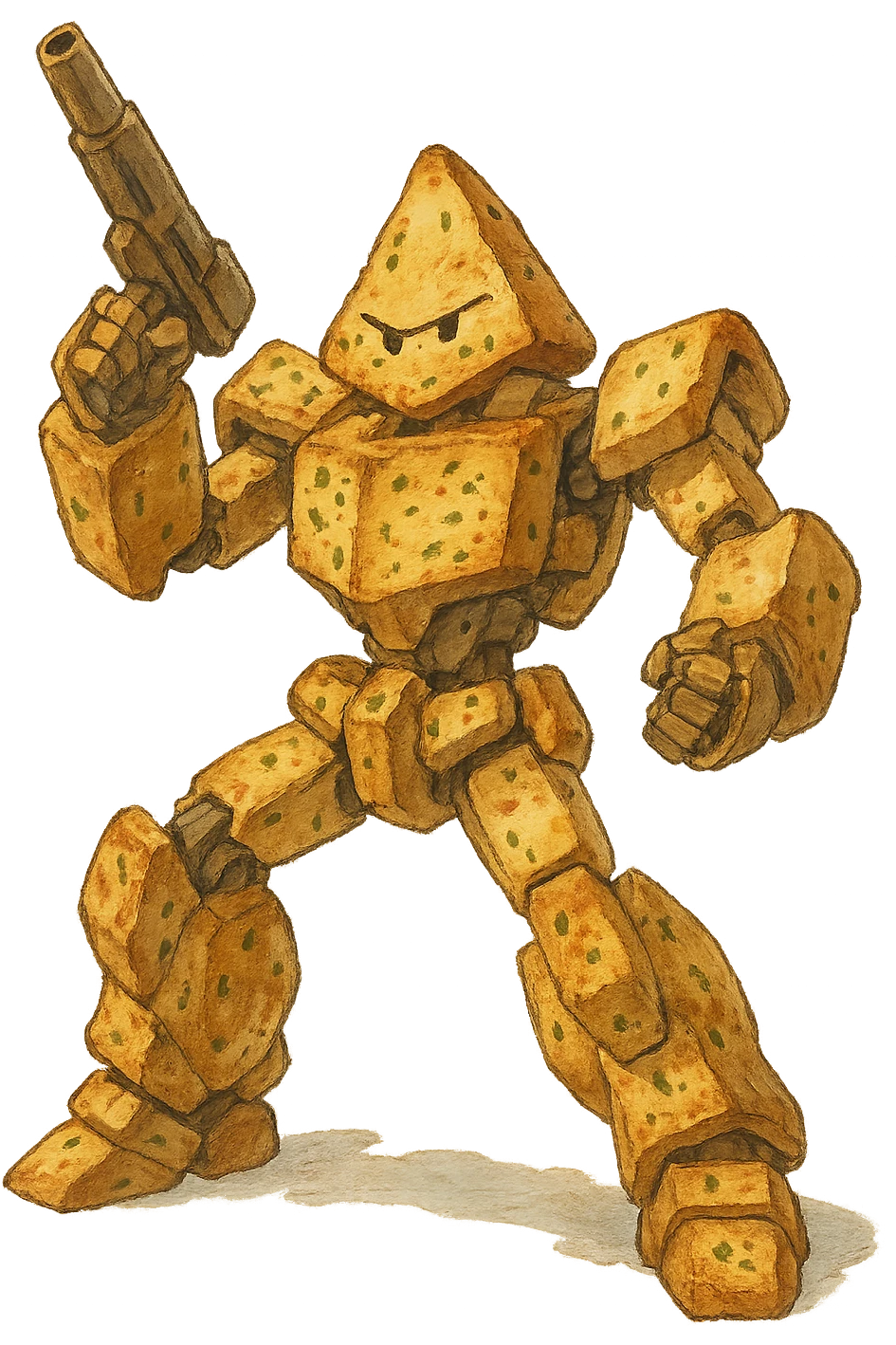 A transforming robot warrior with his blaster raised, action pose, except it’s garlic bread  emoji