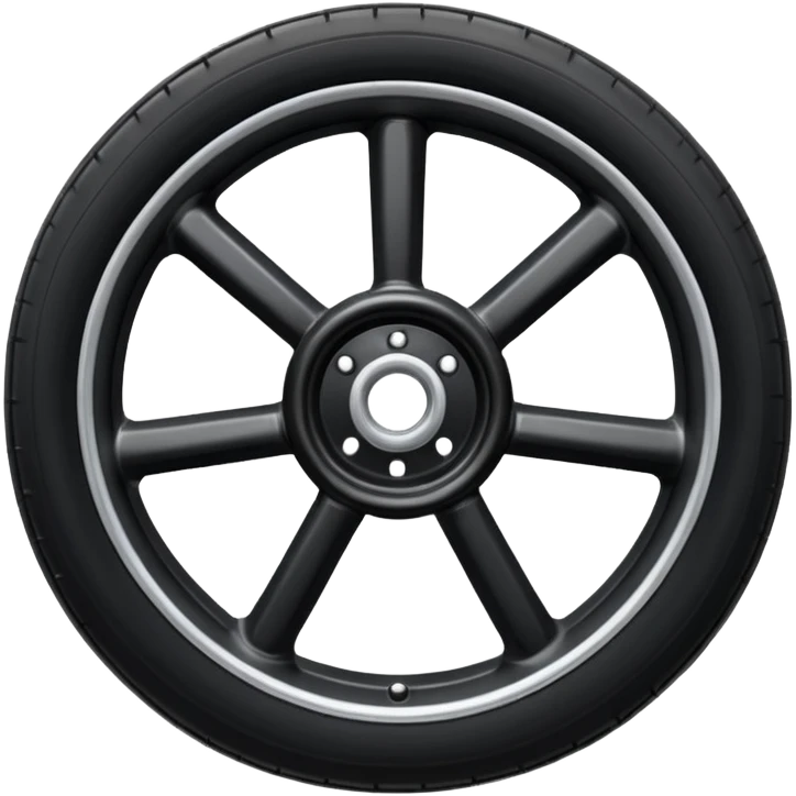 Front-view wheel, perfectly symmetrical, 6-8 short thick spokes, very wide heavy outer rubber rim, simple clean design, centered. emoji