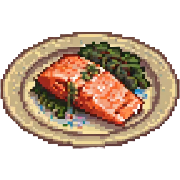 pixel art salmon fillet on a small plate, cute and appetizing emoji