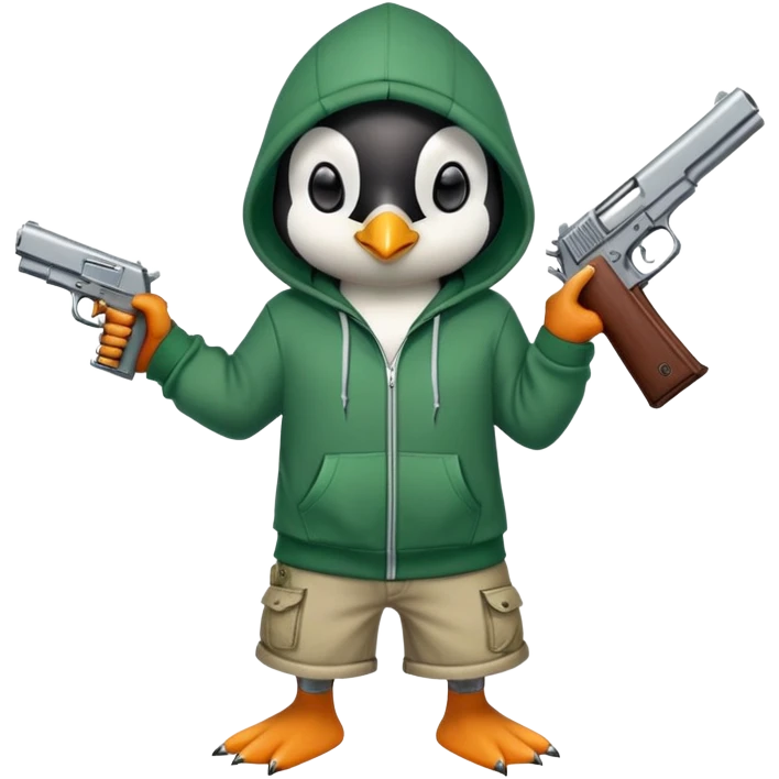 A cute half-dolphin half-penguin thug with a gun, wearing a blood-stained green hoodie and Dollar General shorts emoji