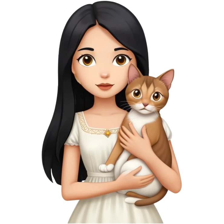 A beautiful girl with long black hair wearing a white dress holds an Abyssinian cat in her arms emoji